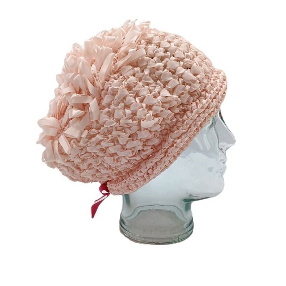 VTG Peach Knit Flapper Bonnet Hat Grosgrain Ribbon 1920s Beach Style Cap - Picture 6 of 11